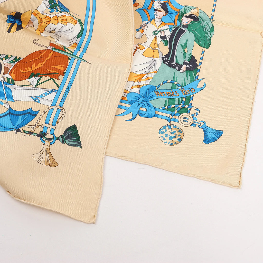 Hermès Carré 90 "OMBRELLES ET PARAPLUIES" Silk handkerchief in Beige