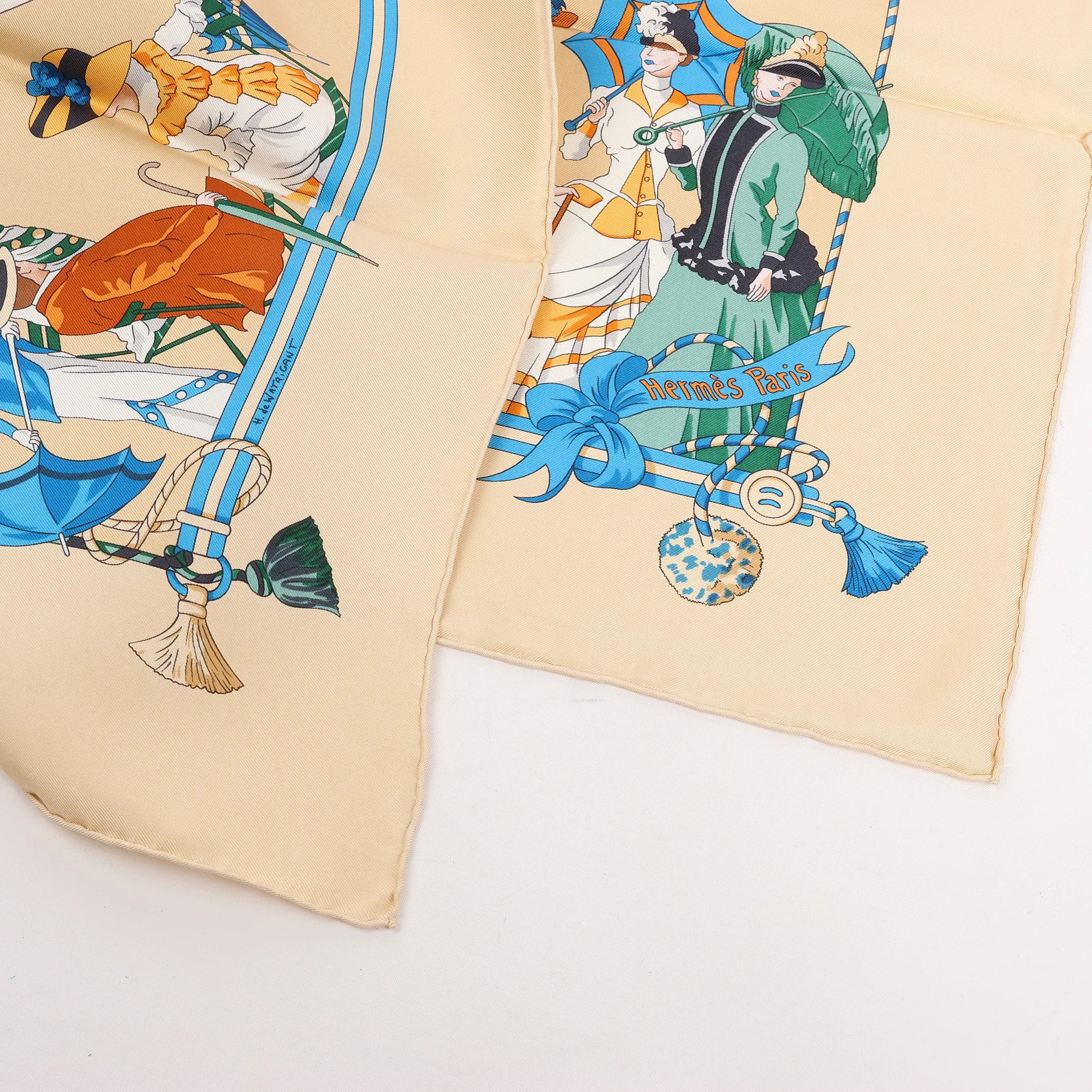 Hermès Carré 90 "OMBRELLES ET PARAPLUIES" Silk handkerchief in Beige