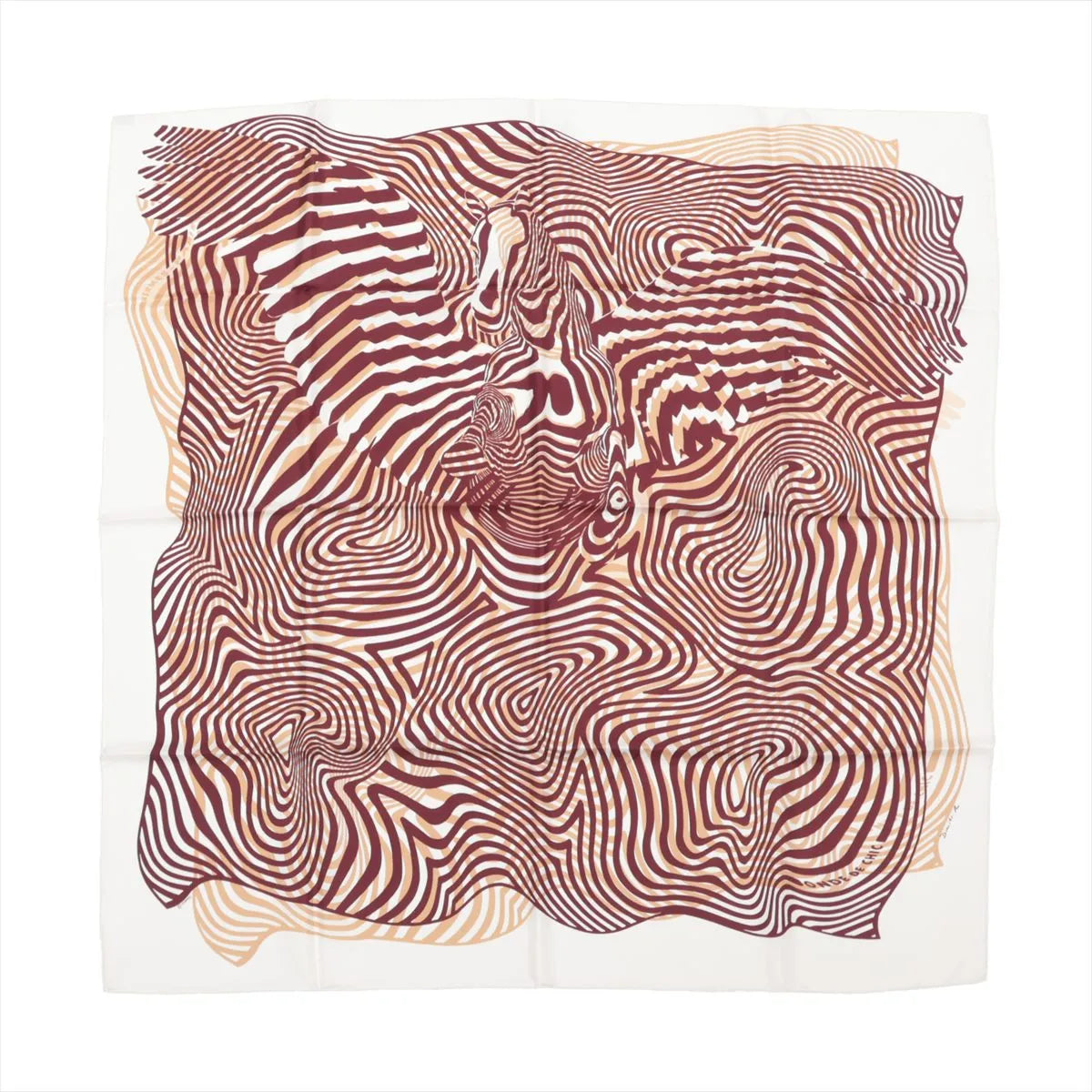 Hermès Carré 90 silk scarf titled "Onde de Chic," featuring an abstract, optical illusion-style design in burgundy and beige waves that subtly form the image of a horse, set against a white background for a contemporary, dynamic look.