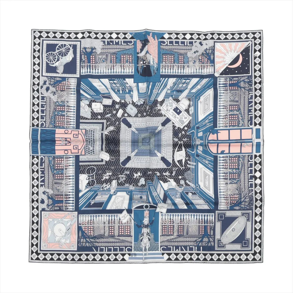 Hermès Carré 90 silk scarf in blue and gray with intricate geometric interior-style print and patterned border, laid flat on white background.