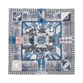 Hermès Carré 90 silk scarf in blue and gray with intricate geometric interior-style print and patterned border, laid flat on white background.
