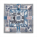 Hermès Carré 90 silk scarf in blue and gray with intricate geometric interior-style print and patterned border, laid flat on white background.