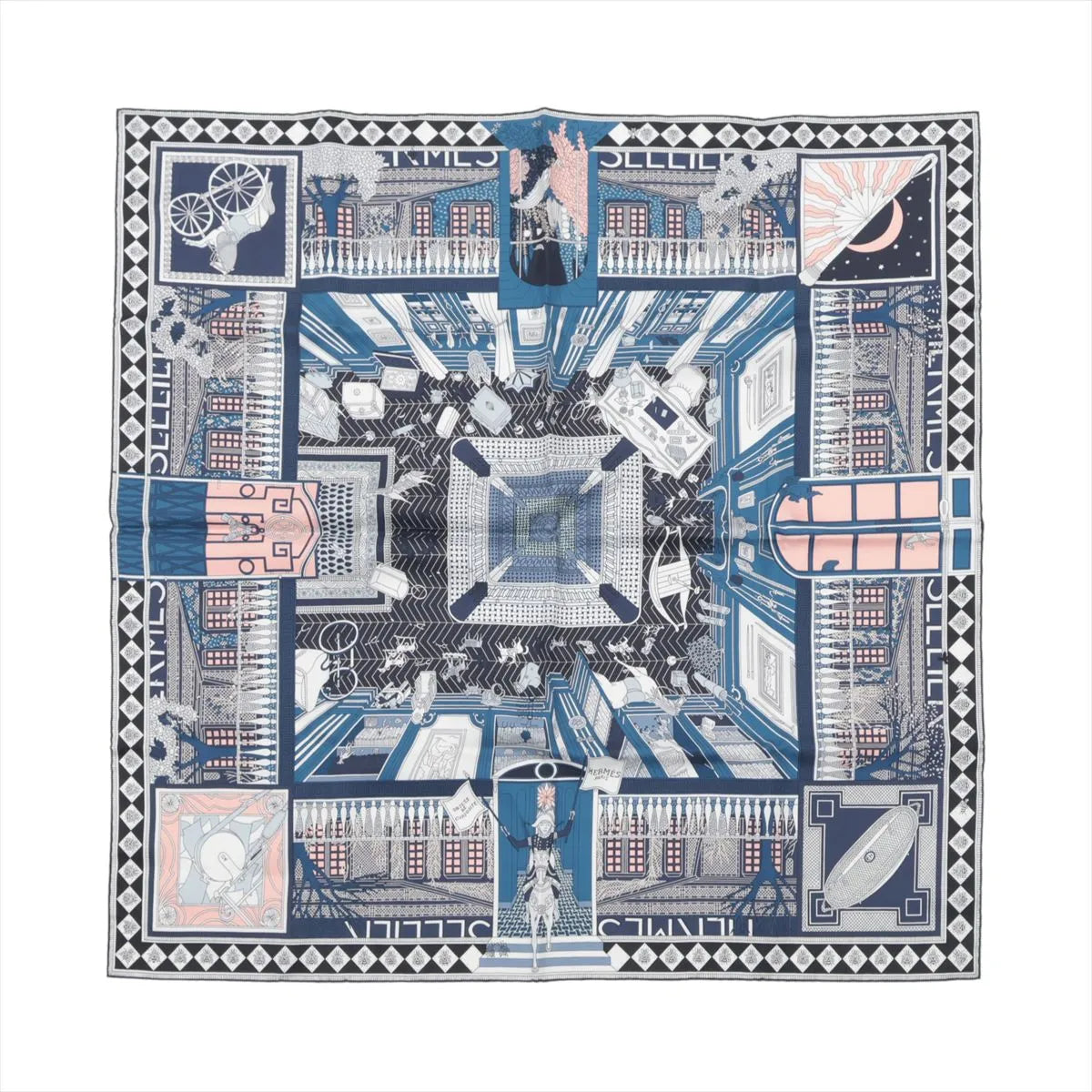 Hermès Carré 90 silk scarf in blue and gray with intricate geometric interior-style print and patterned border, laid flat on white background.
