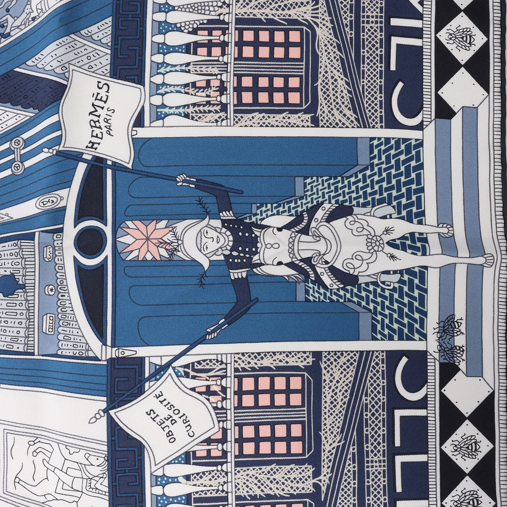 Hermès Carré 90 "Objets de Curiosite" Silk handkerchief in Blue x Gray