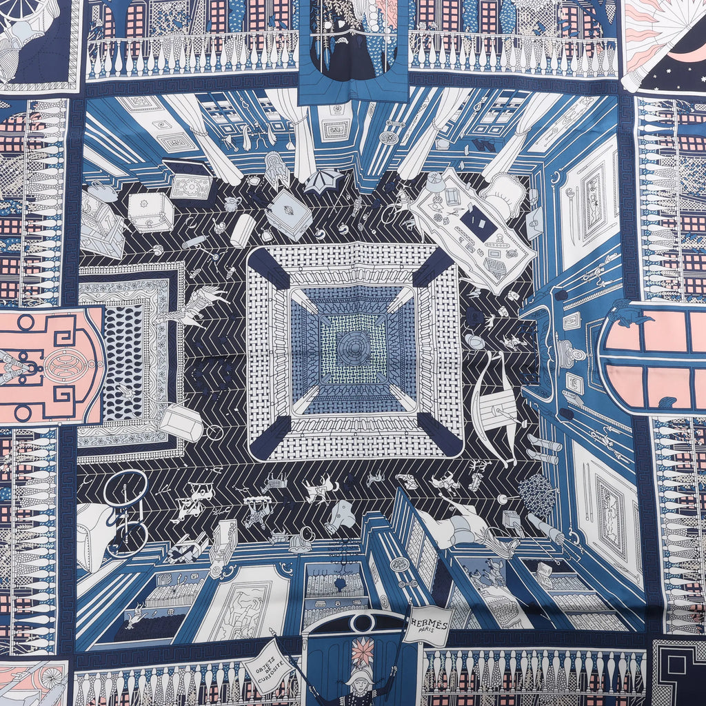 Hermès Carré 90 "Objets de Curiosite" Silk handkerchief in Blue x Gray