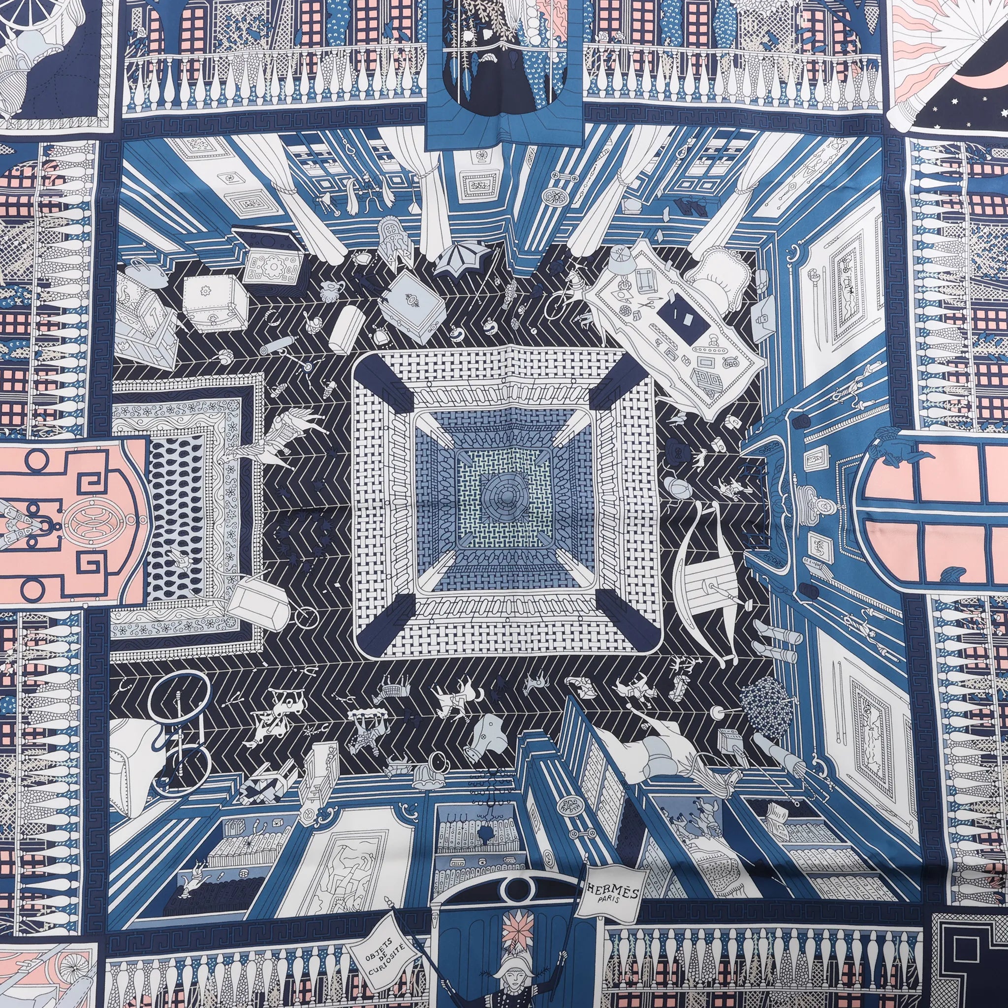 Hermès Carré 90 "Objets de Curiosite" Silk handkerchief in Blue x Gray