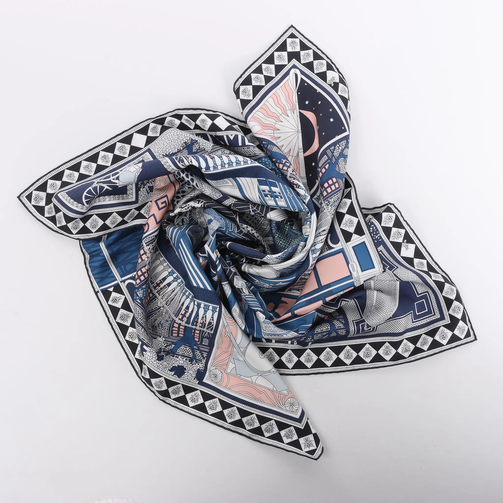 Hermès Carré 90 "Objets de Curiosite" Silk handkerchief in Blue x Gray