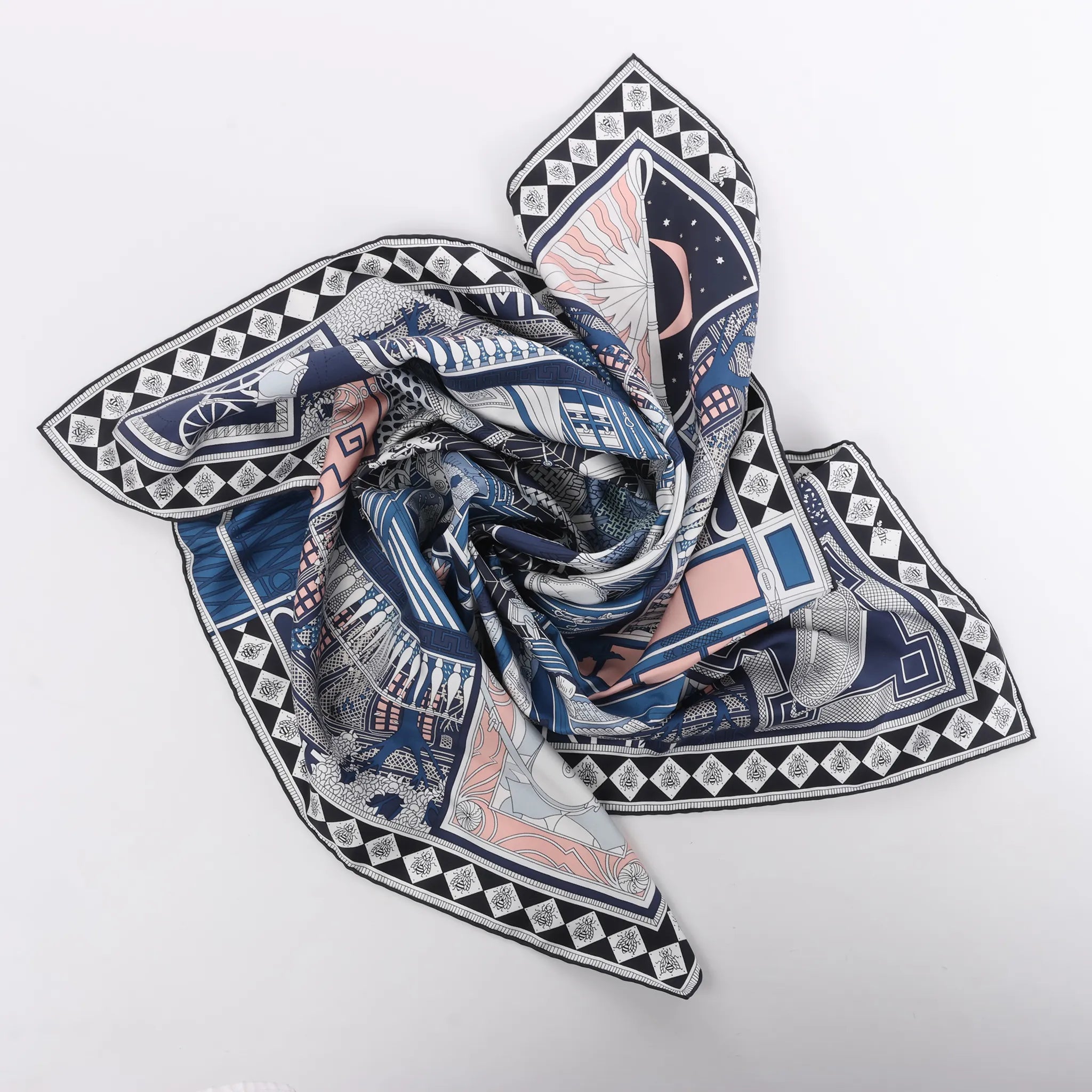 Hermès Carré 90 "Objets de Curiosite" Silk handkerchief in Blue x Gray