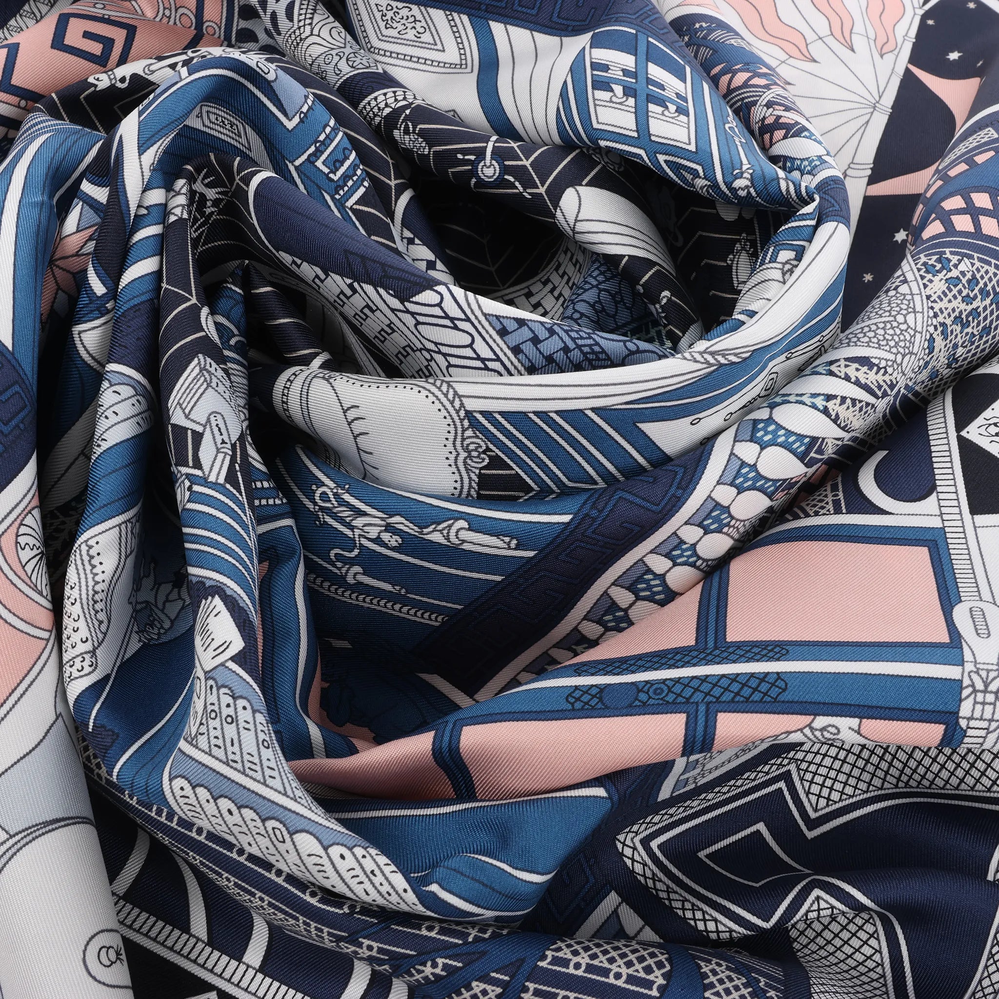Hermès Carré 90 "Objets de Curiosite" Silk handkerchief in Blue x Gray