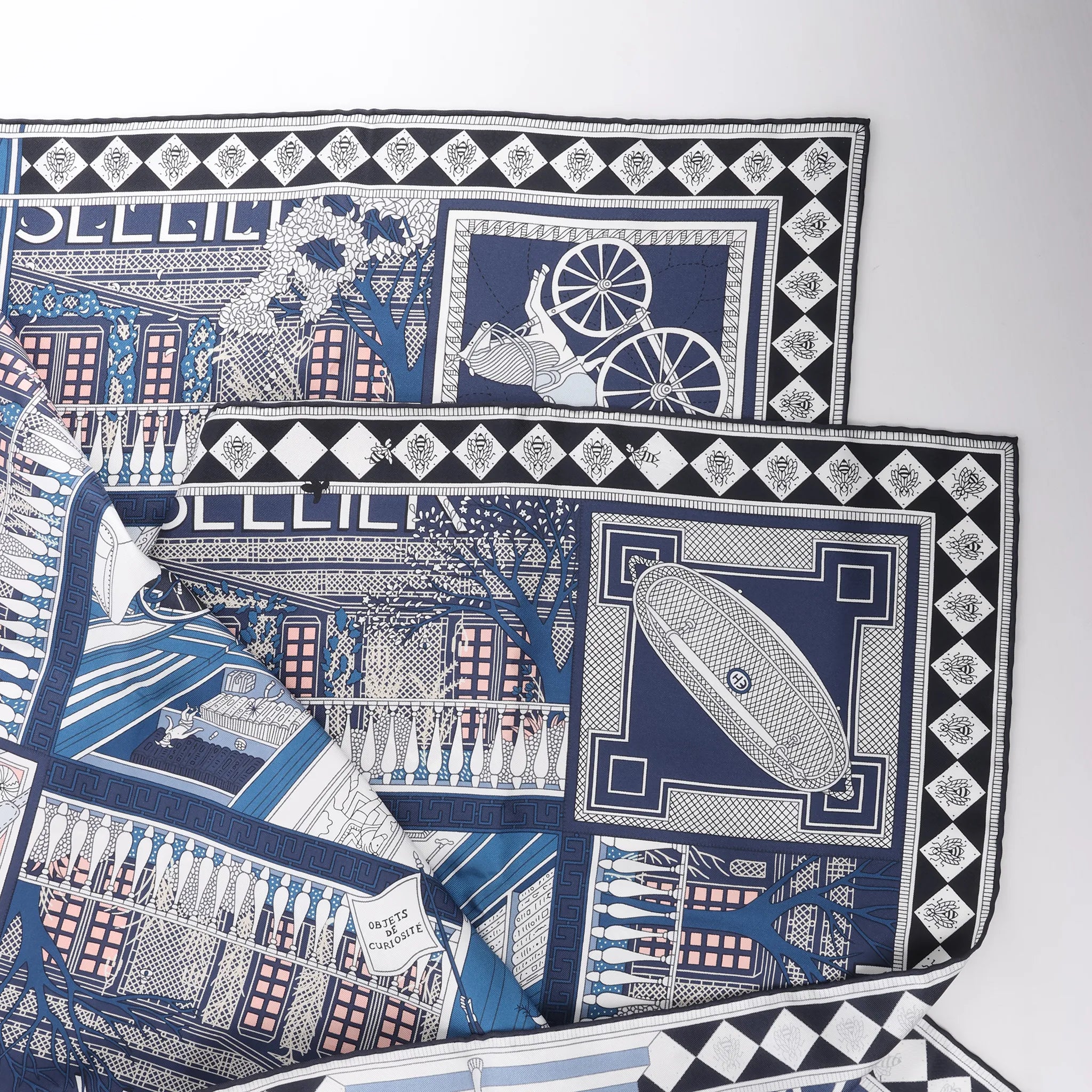 Hermès Carré 90 "Objets de Curiosite" Silk handkerchief in Blue x Gray