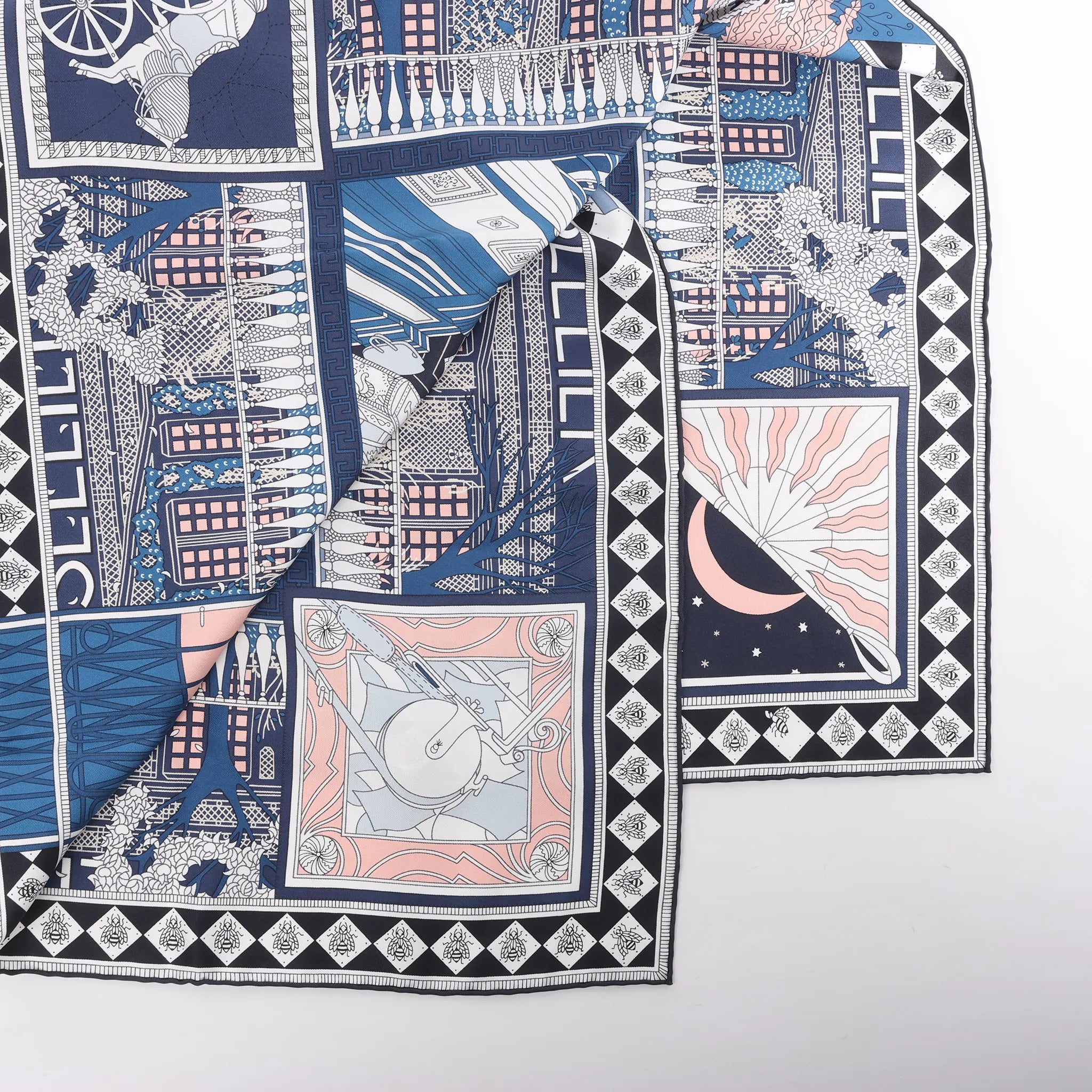 Hermès Carré 90 "Objets de Curiosite" Silk handkerchief in Blue x Gray