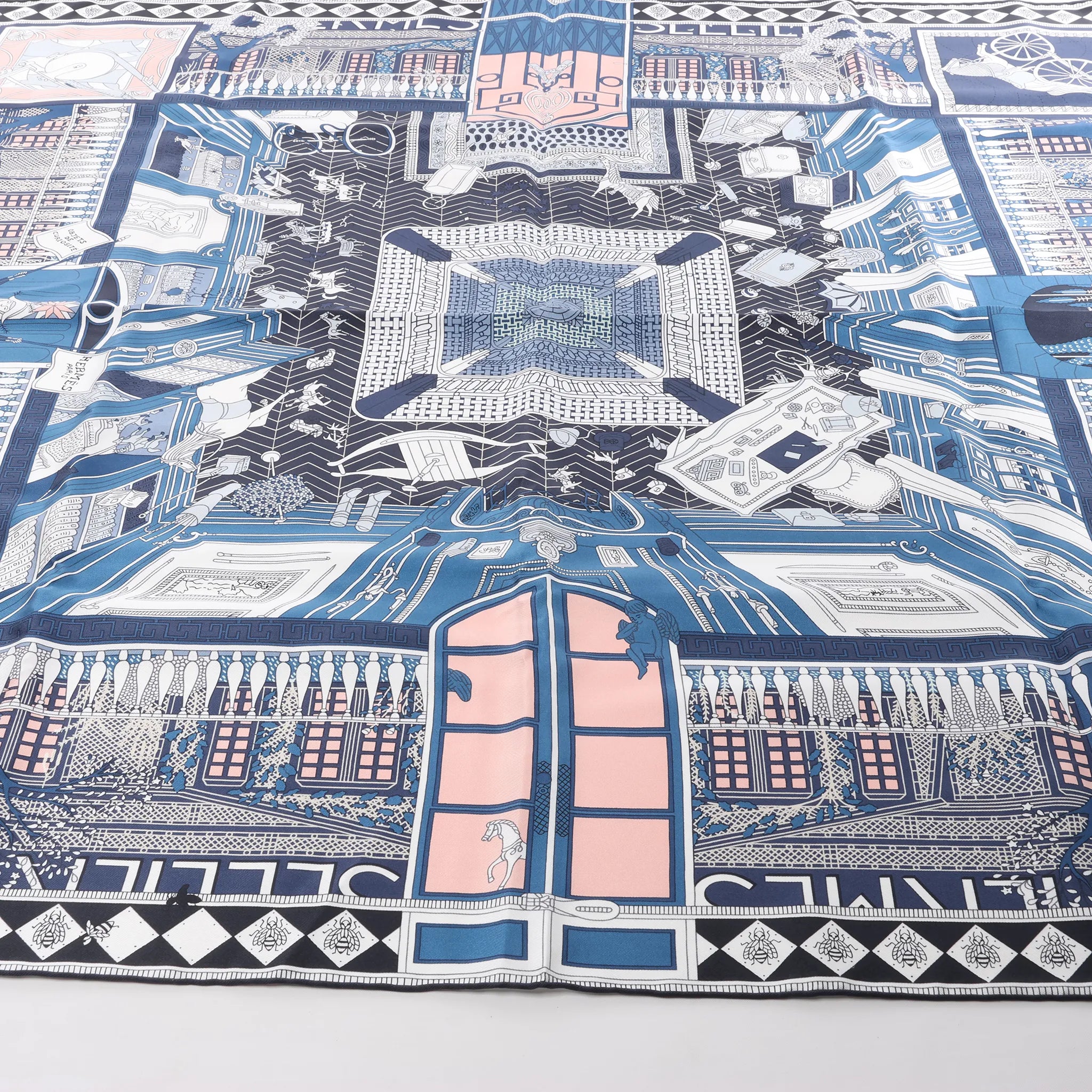 Hermès Carré 90 "Objets de Curiosite" Silk handkerchief in Blue x Gray