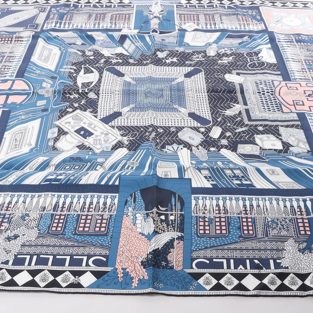 Hermès Carré 90 "Objets de Curiosite" Silk handkerchief in Blue x Gray