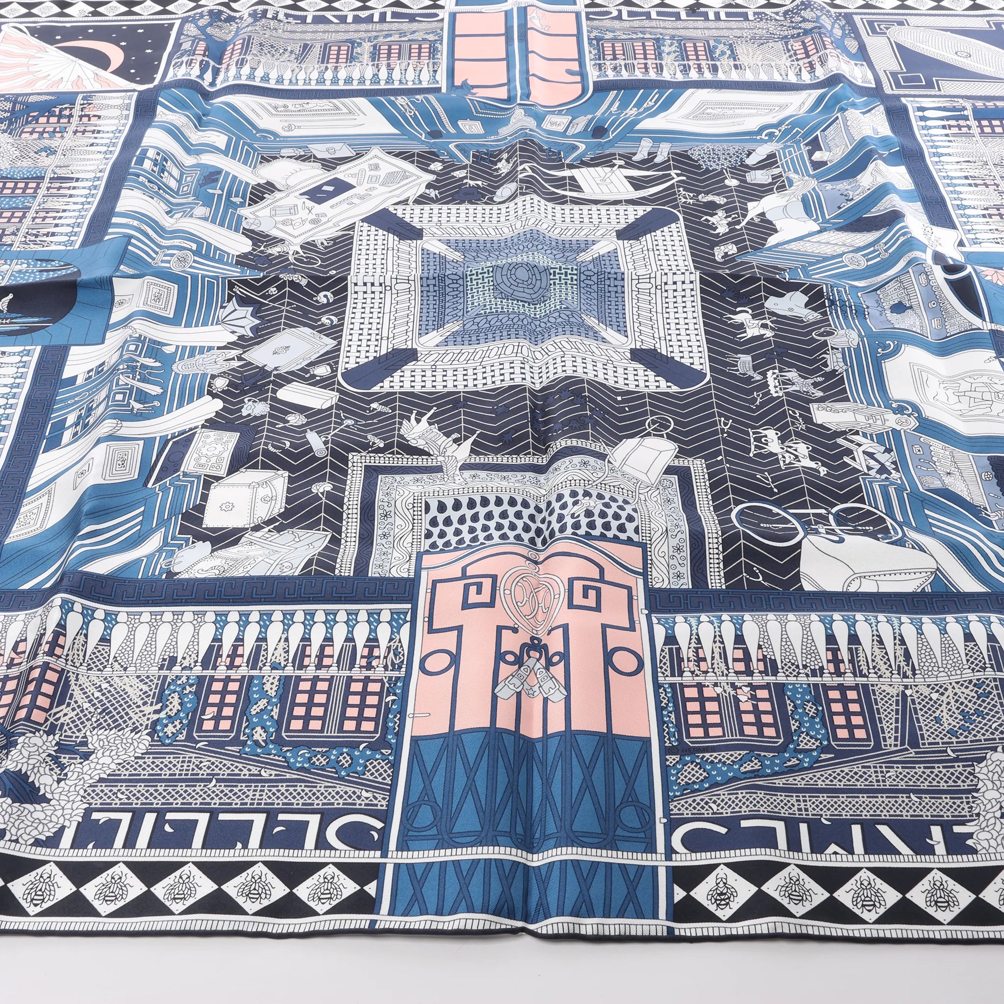Hermès Carré 90 "Objets de Curiosite" Silk handkerchief in Blue x Gray