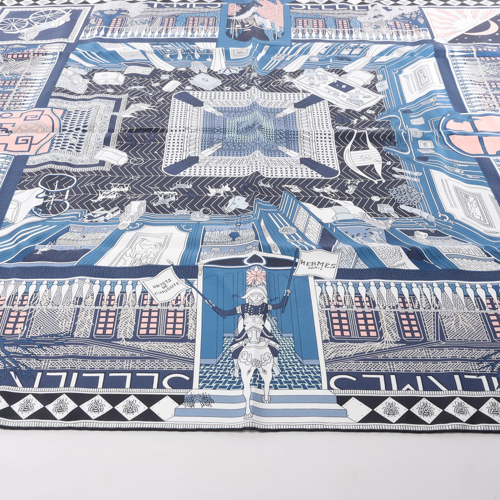 Hermès Carré 90 "Objets de Curiosite" Silk handkerchief in Blue x Gray