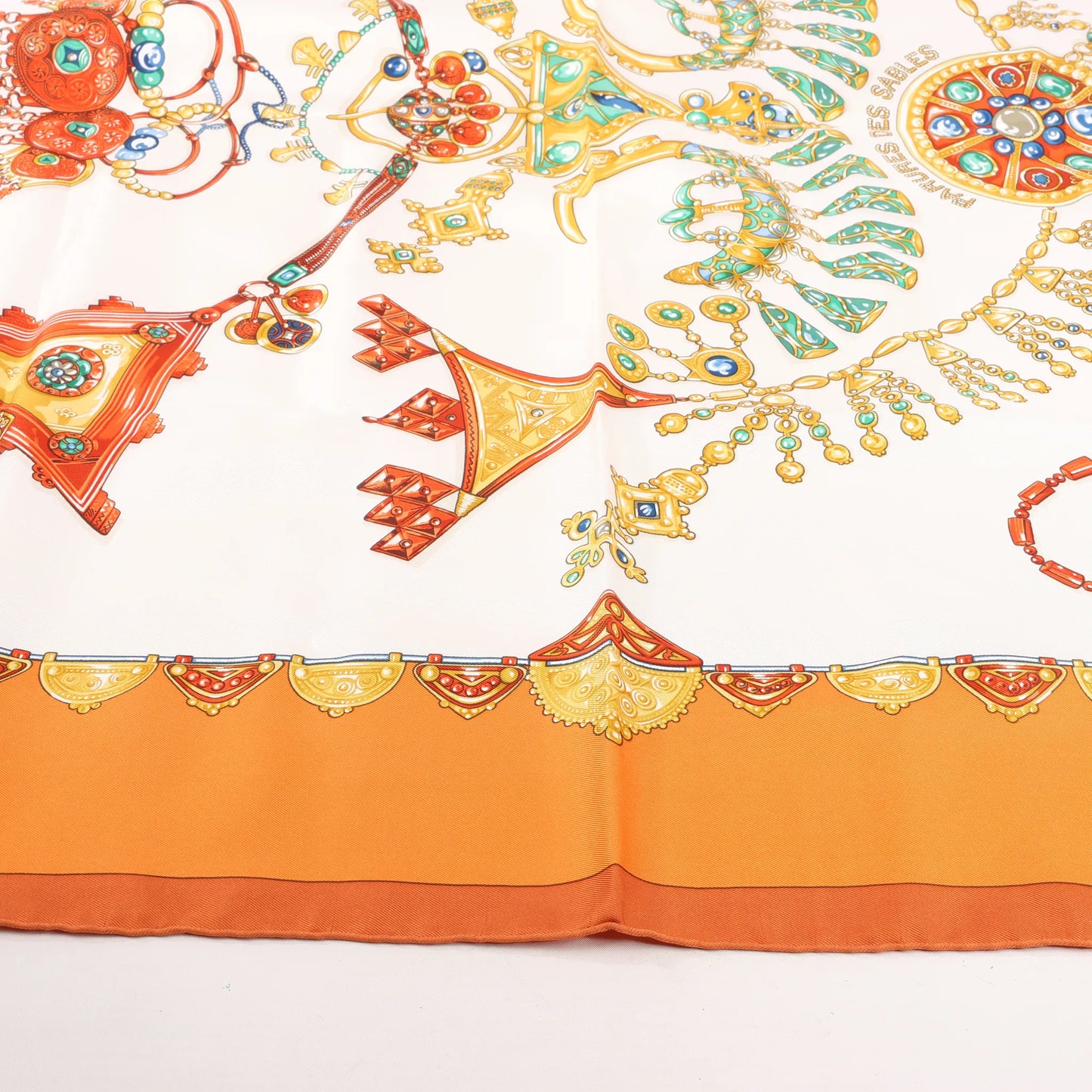 Hermès Carré 90 "PARURES DES SABLES" Silk handkerchief in Orange