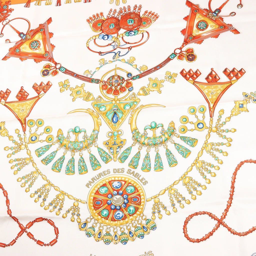 Hermès Carré 90 "PARURES DES SABLES" Silk handkerchief in Orange