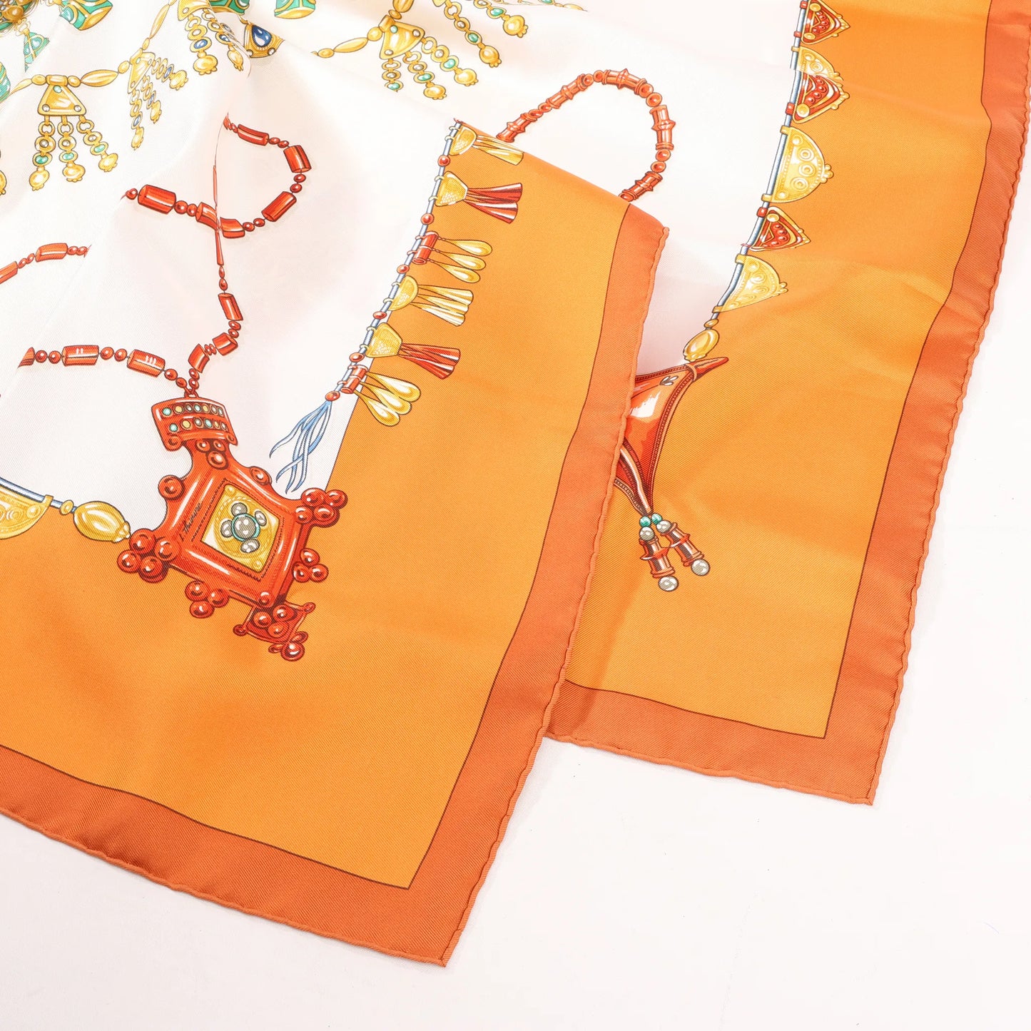 Hermès Carré 90 "PARURES DES SABLES" Silk handkerchief in Orange