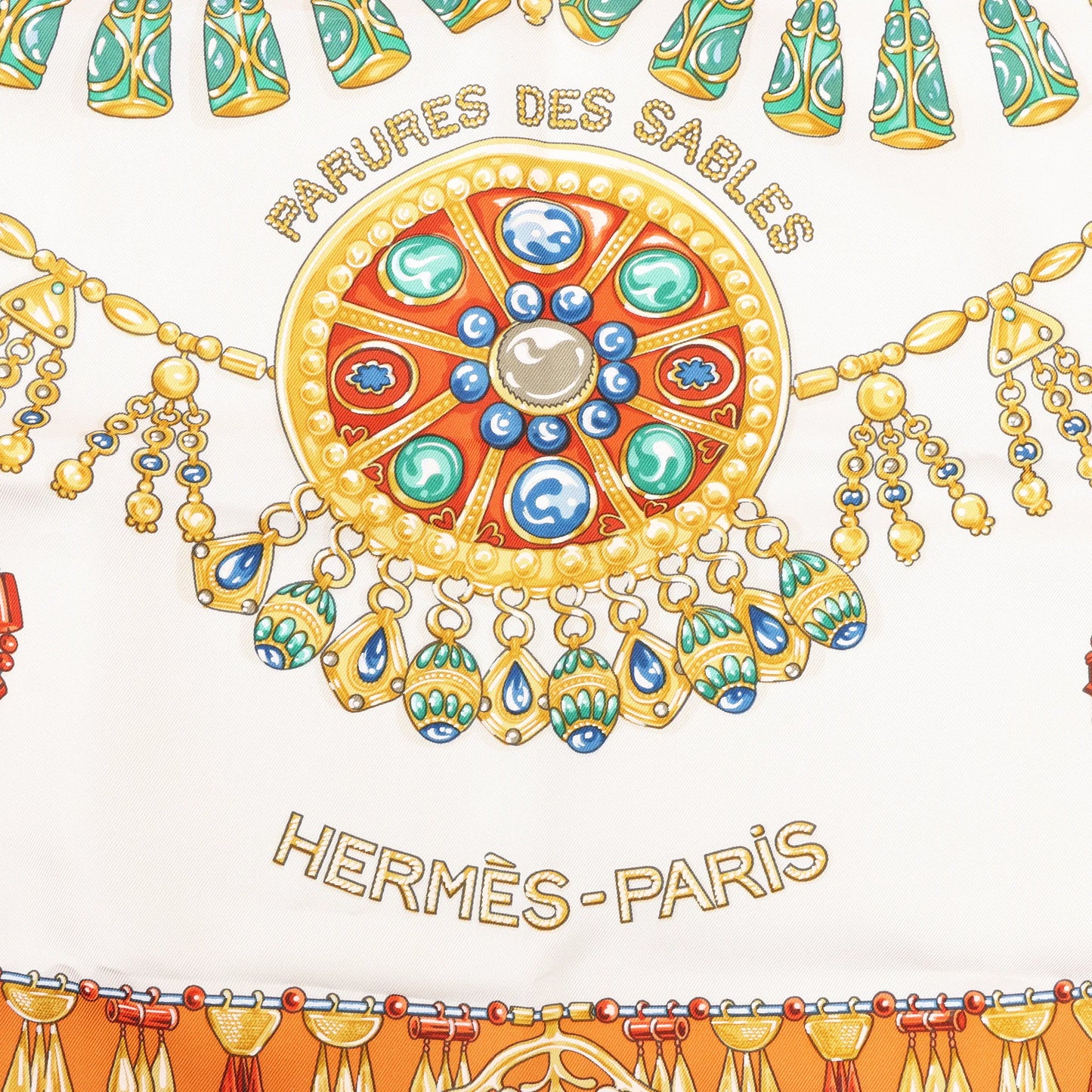 Hermès Carré 90 "PARURES DES SABLES" Silk handkerchief in Orange