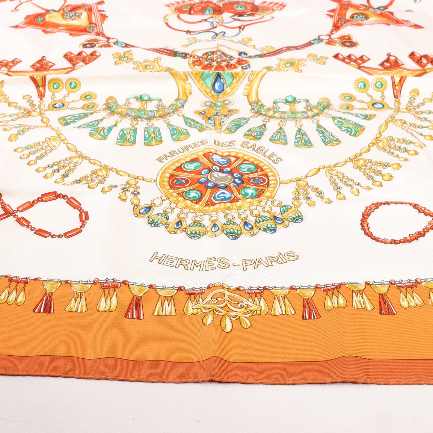 Hermès Carré 90 "PARURES DES SABLES" Silk handkerchief in Orange