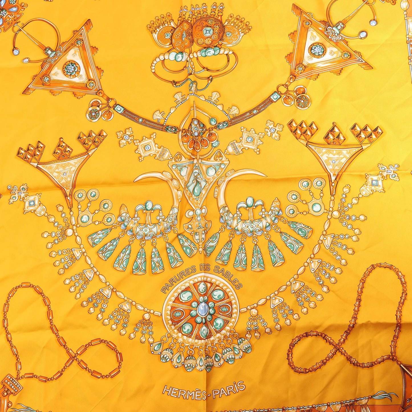 Hermès Carré 90 "PARURES DES SABLES" Silk handkerchief in Orange