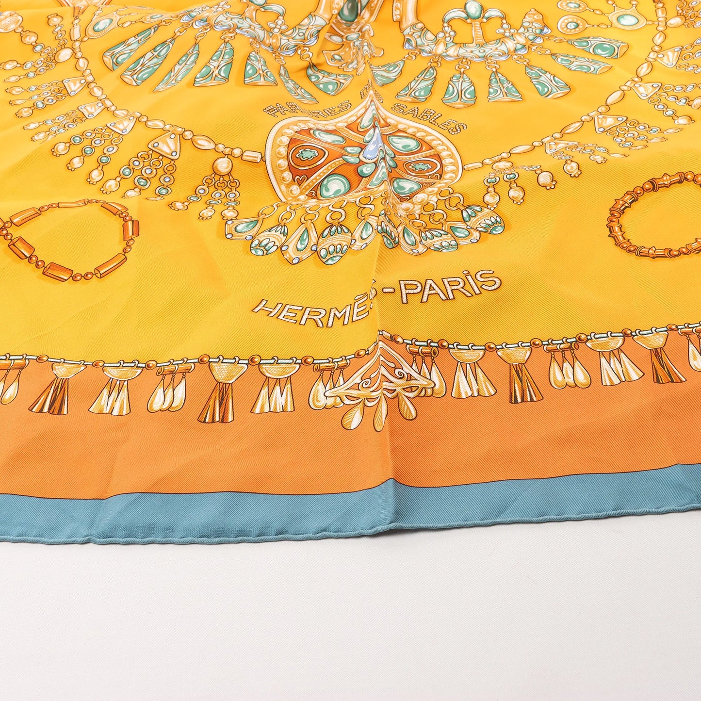 Hermès Carré 90 "PARURES DES SABLES" Silk handkerchief in Orange