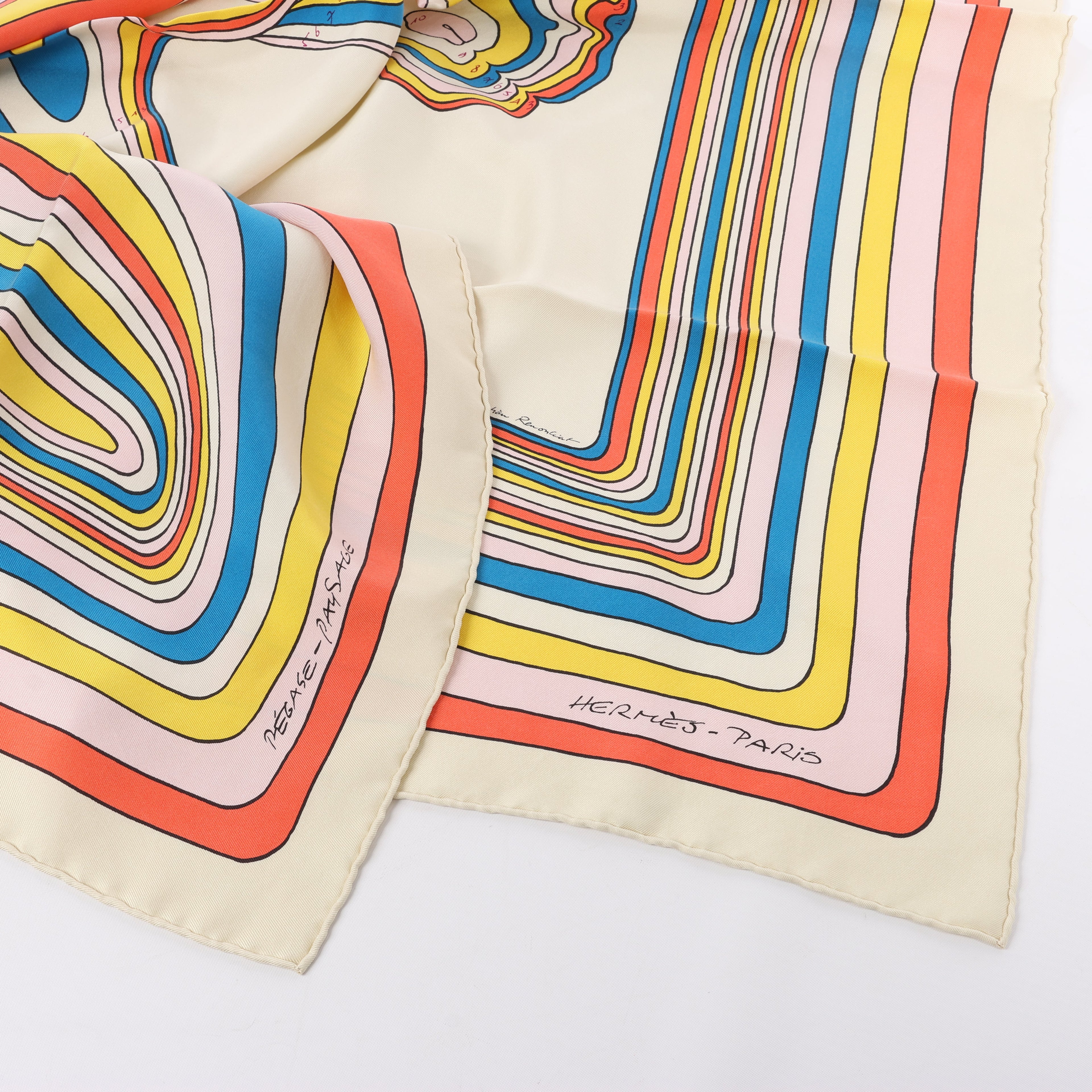 Hermès Carré 90 "PEGASE" 100% Silk Scarf in Beige and Multicolor