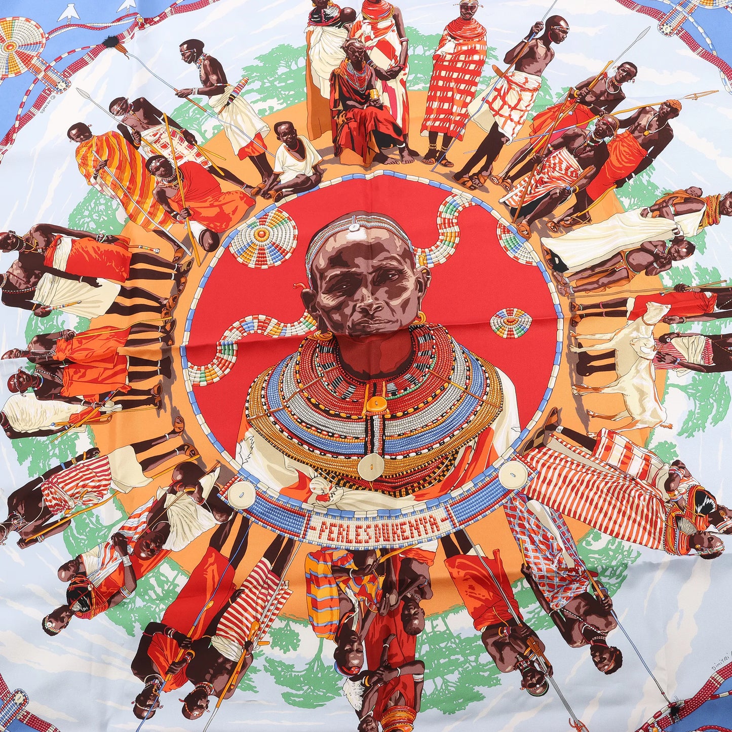 Hermès Carré 90 "PERLES DU KENYA" Silk handkerchief in Blue