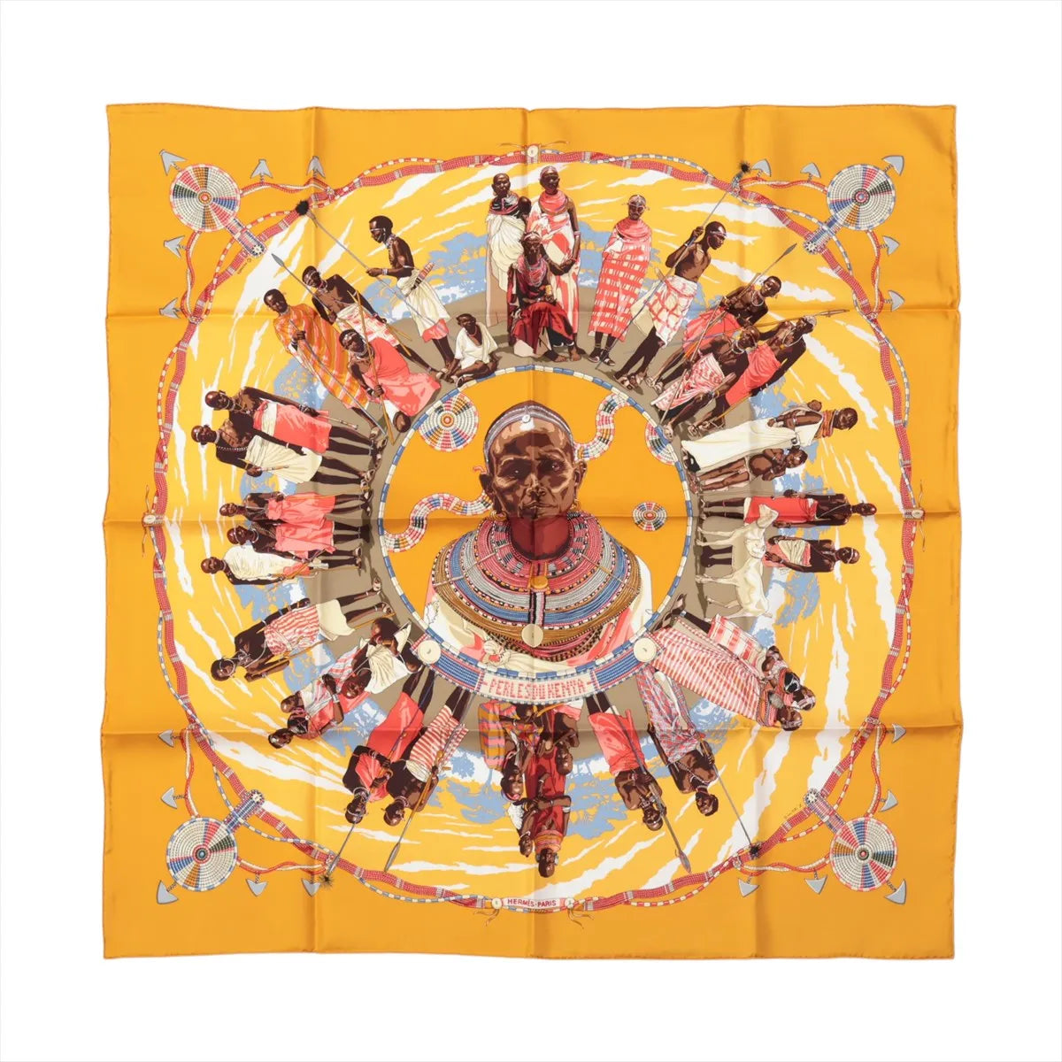 Hermès Carré 90 "Perles du Kenya" silk scarf in orange, featuring a central portrait and a circular design of traditionally dressed figures with colorful beaded adornments.