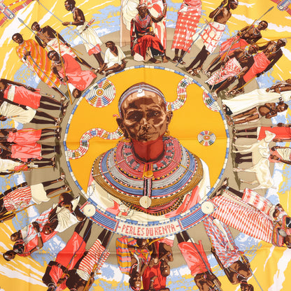 Hermès Carré 90 "PERLES DU KENYA" Silk handkerchief in Orange