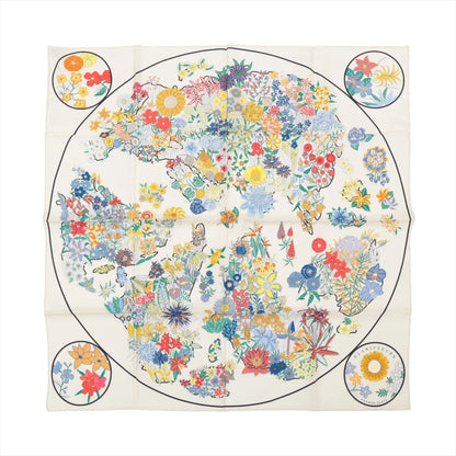 Hermès Carré 90 "PLANIFLEURS" silk scarf in ecru featuring a world map design formed by colorful floral patterns with detailed botanical illustrations.