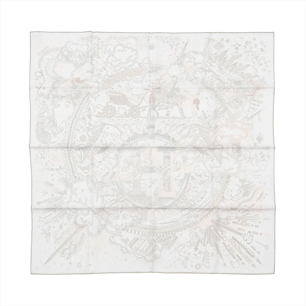 Hermès Carré 90 “Please Hold the Line” silk scarf in white with light gray line-art clouds and rays around a central H motif.
