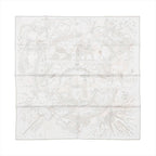 Hermès Carré 90 “Please Hold the Line” silk scarf in white with light gray line-art clouds and rays around a central H motif.