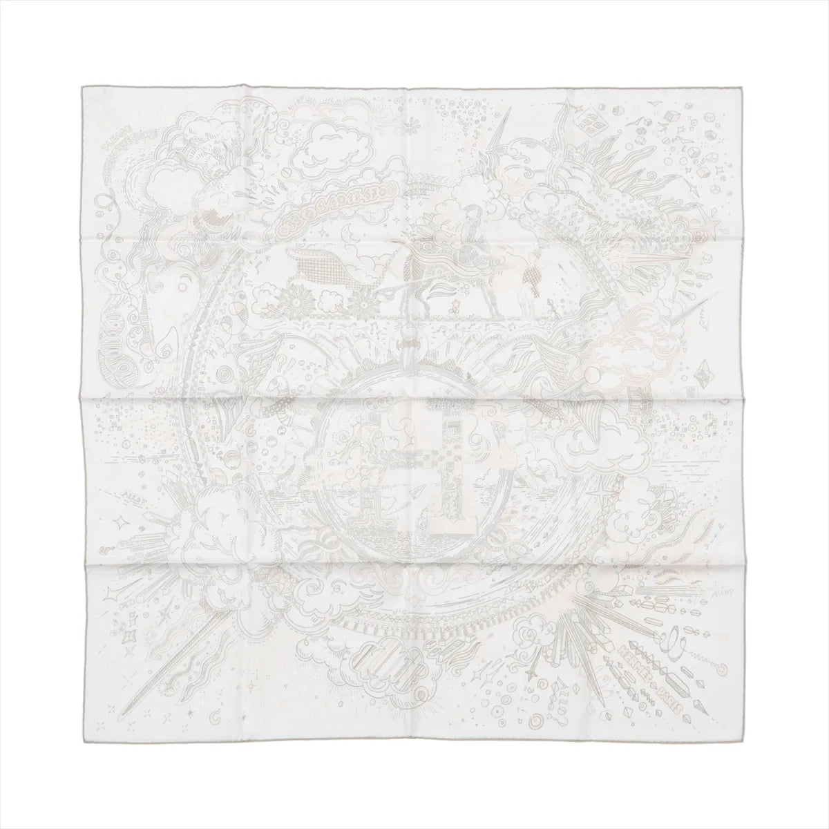 Hermès Carré 90 “Please Hold the Line” silk scarf in white with light gray line-art clouds and rays around a central H motif.