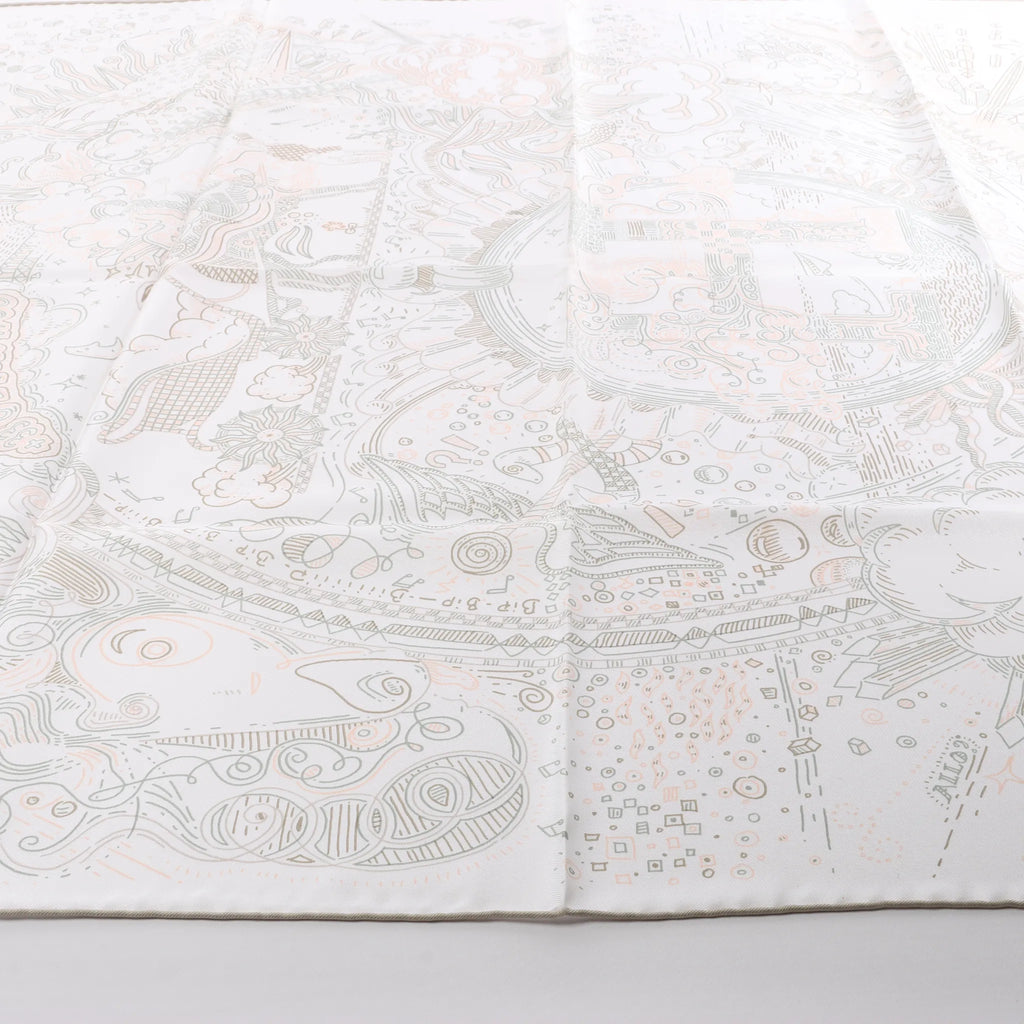 Hermès Carré 90 " PLEASE HOLD THE LINE" Silk handkerchief in White