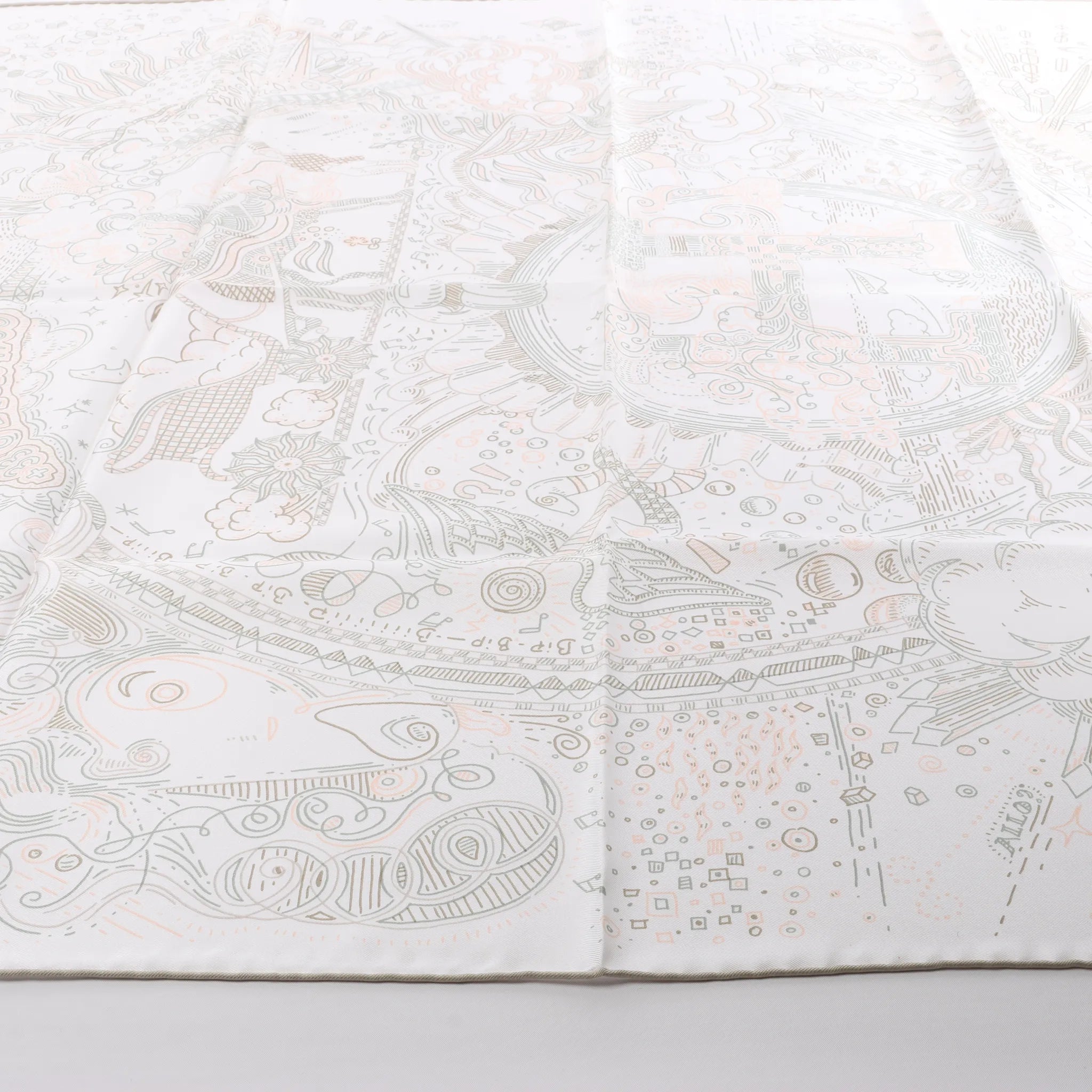Hermès Carré 90 " PLEASE HOLD THE LINE" Silk handkerchief in White