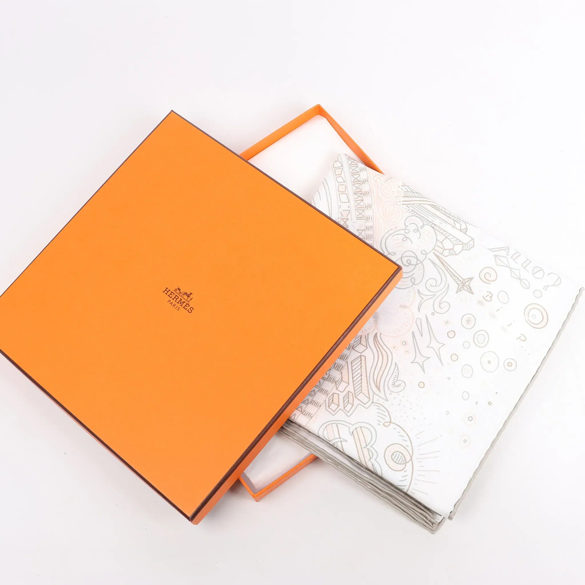 Hermès Carré 90 "PLEASE HOLD THE LINE" Silk handkerchief in White