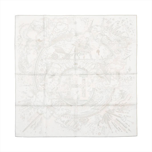 Top-down view of Hermès Carré 90 "Please Hold the Line" silk handkerchief in white, showcasing intricate tonal line-art illustrations of clouds, figures, and abstract elements surrounding a central "H" motif, all in soft grey and beige tones.