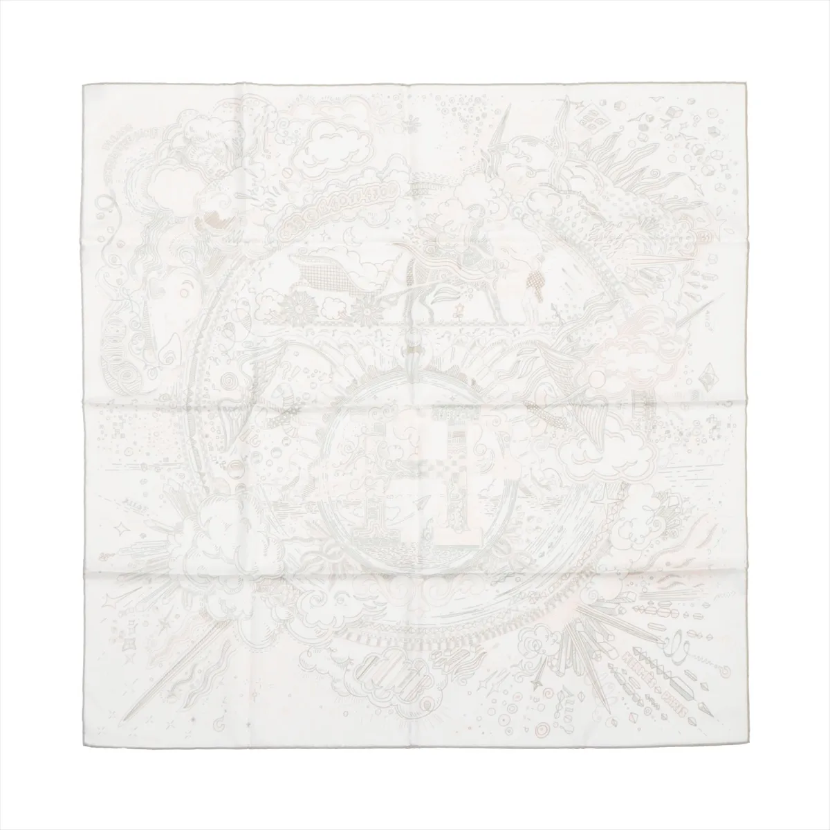 Top-down view of Hermès Carré 90 "Please Hold the Line" silk handkerchief in white, showcasing intricate tonal line-art illustrations of clouds, figures, and abstract elements surrounding a central "H" motif, all in soft grey and beige tones.