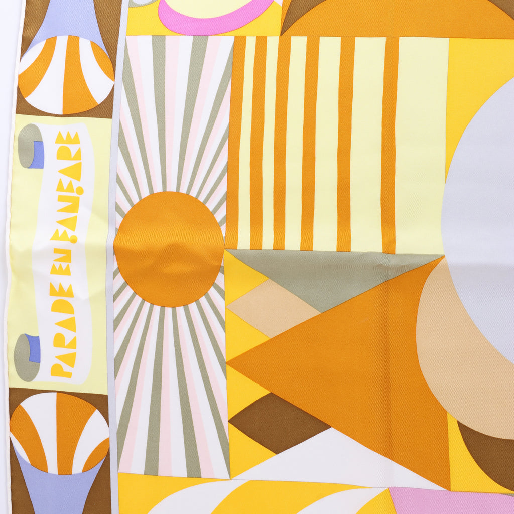 Hermès Carré 90 "Parade en Fanfare" Silk Scarf in Pink and Yellow