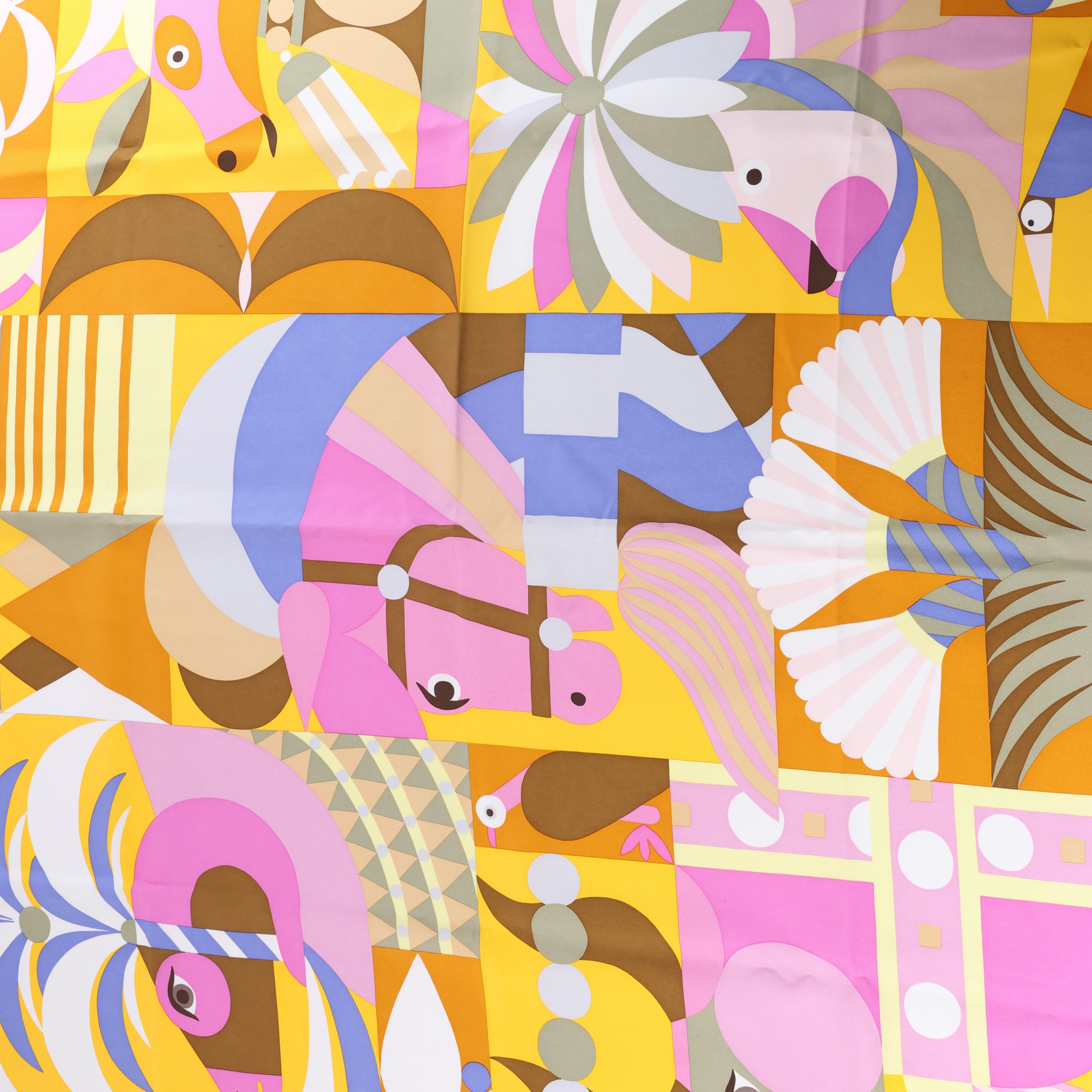 Hermès Carré 90 "Parade en Fanfare" Silk Scarf in Pink and Yellow