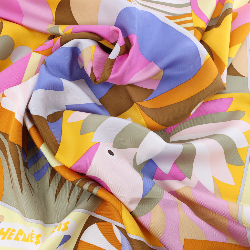 Hermès Carré 90 "Parade en Fanfare" Silk Scarf in Pink and Yellow