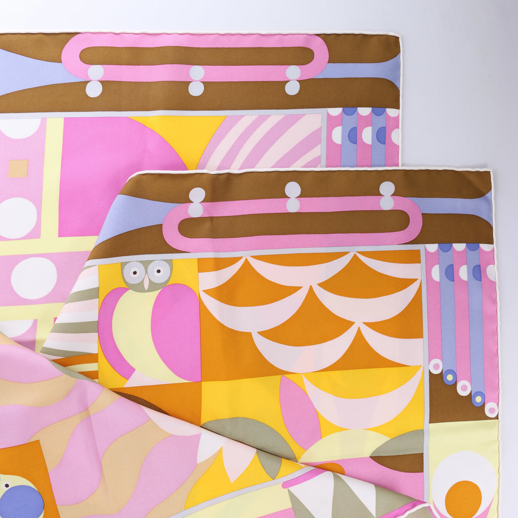 Hermès Carré 90 "Parade en Fanfare" Silk Scarf in Pink and Yellow