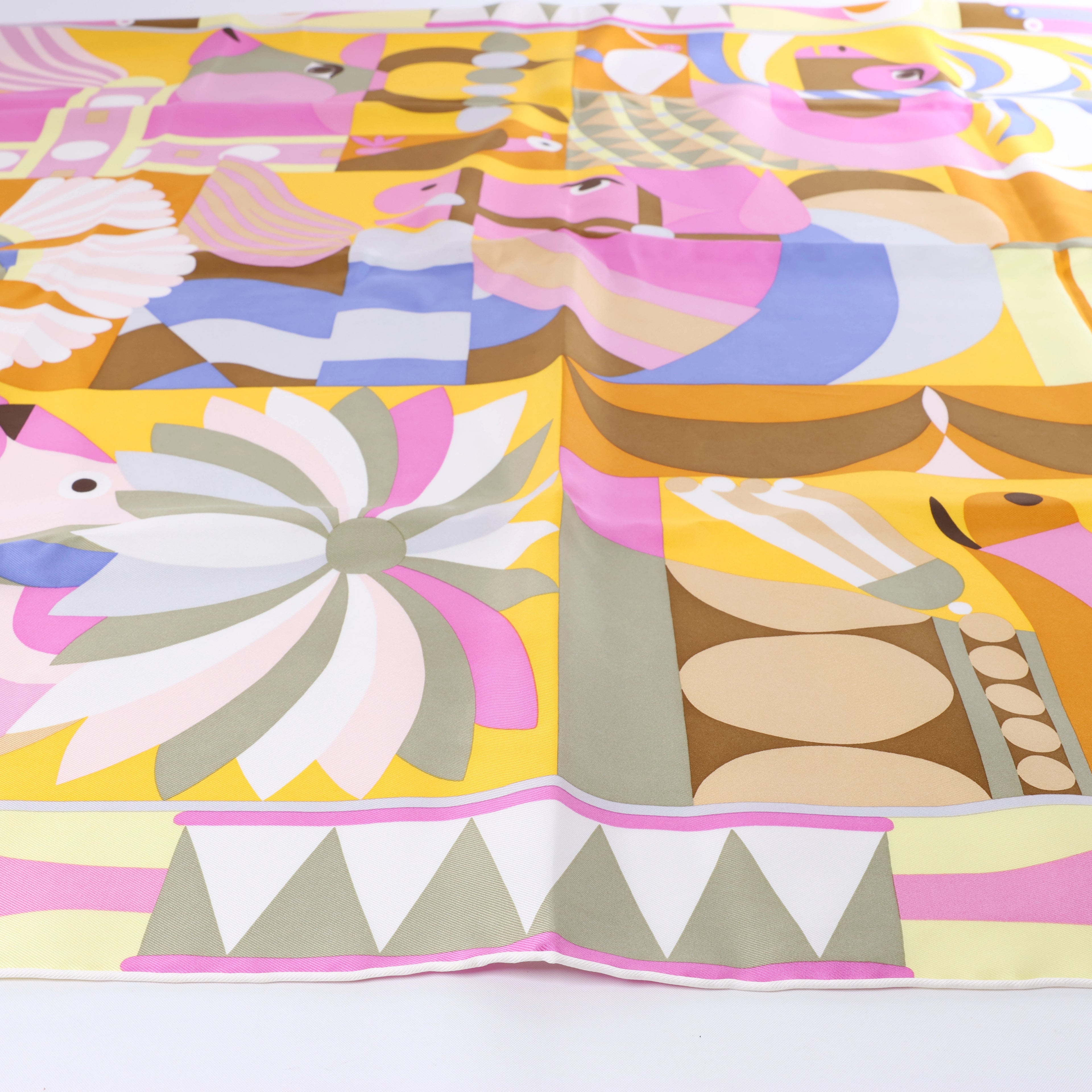 Hermès Carré 90 "Parade en Fanfare" Silk Scarf in Pink and Yellow