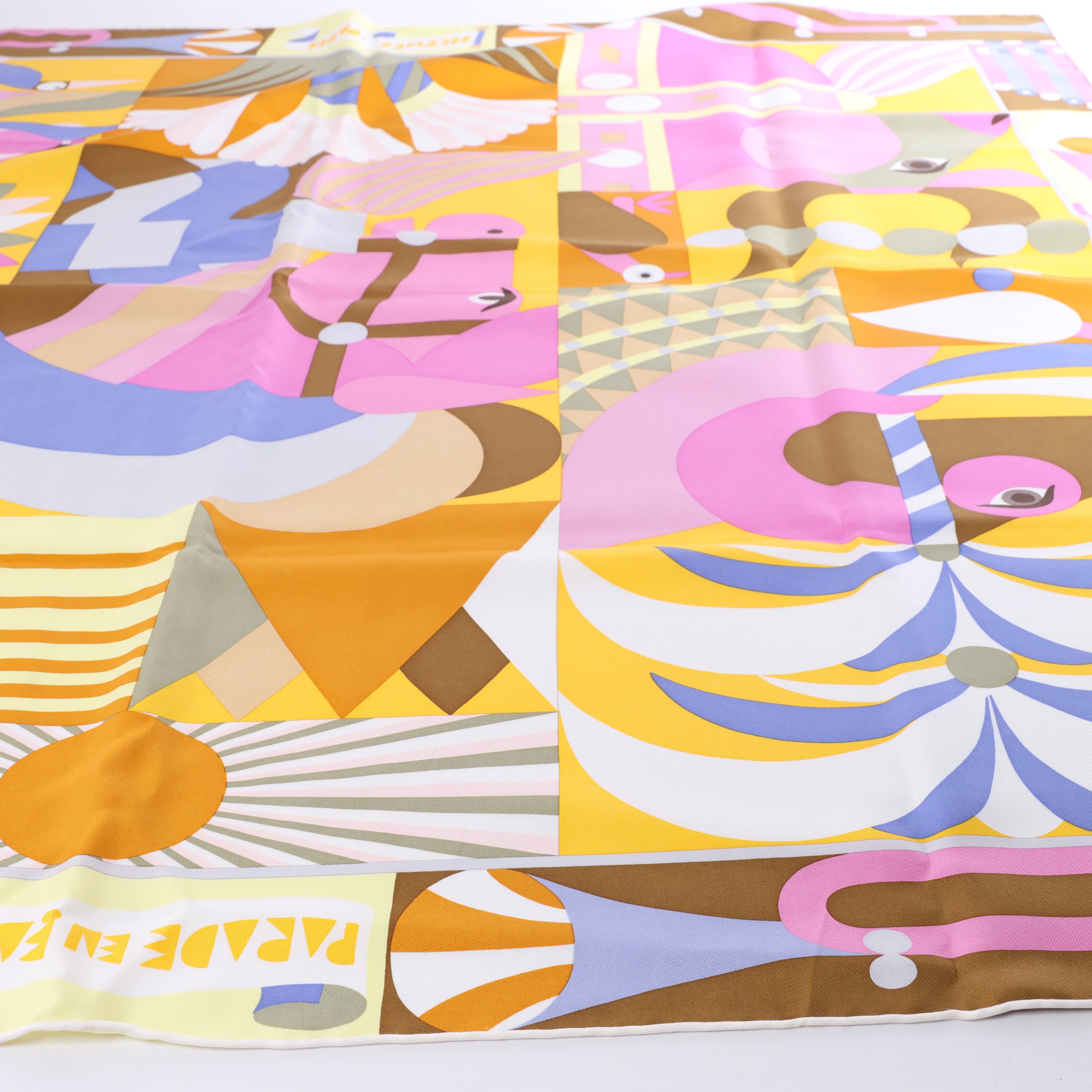 Hermès Carré 90 "Parade en Fanfare" Silk Scarf in Pink and Yellow