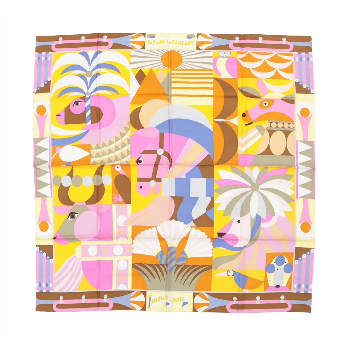 Hermès Carré 90 silk scarf titled "Parade en Fanfare," displaying a colorful, abstract parade of animals in geometric shapes and vibrant shades of purple, pink, yellow, orange, and brown, with a bold, modernist design on a square silk canvas.