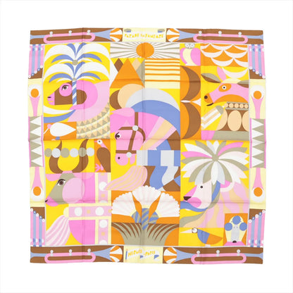 Hermès Carré 90 silk scarf titled "Parade en Fanfare," displaying a colorful, abstract parade of animals in geometric shapes and vibrant shades of purple, pink, yellow, orange, and brown, with a bold, modernist design on a square silk canvas.