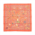 Hermès Carré 90 orange silk scarf with intricate multicolor figures, animals, floral details, and decorative border, laid flat