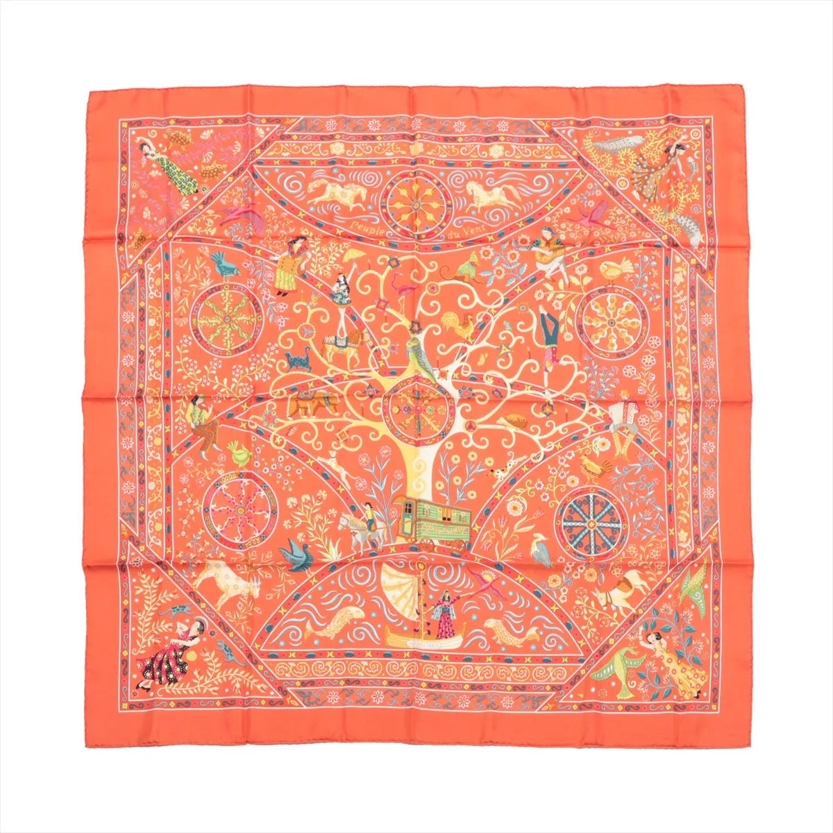 Hermès Carré 90 orange silk scarf with intricate multicolor figures, animals, floral details, and decorative border, laid flat