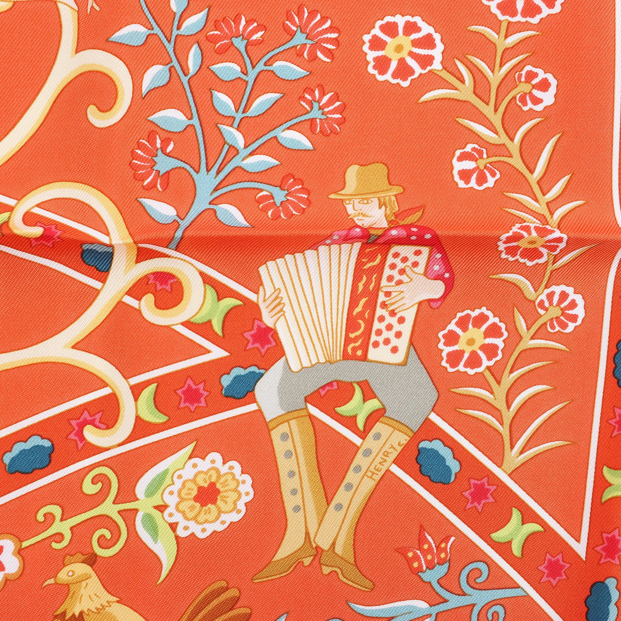 Hermès Carré 90 "Peuple du Vent" Silk handkerchief in Orange
